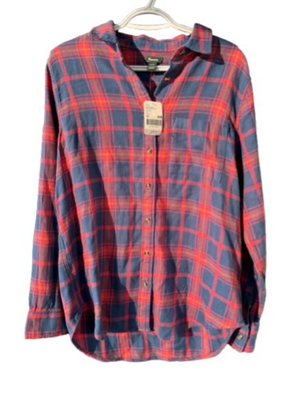 Roots plaid long sleeve flannel shirt orange, blue women's size M NWT